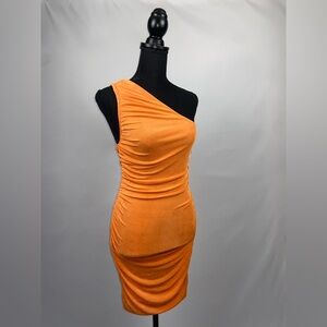Stretch Dress Orange Medium Bodycon One Shoulder Goddess Dress